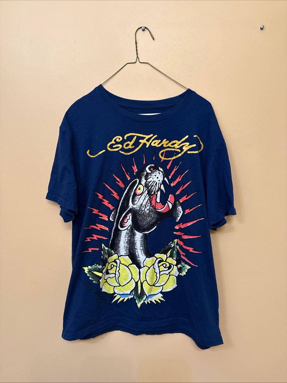 Ed Hardy Navy Tee with Yellow Roses and Panther Graphic